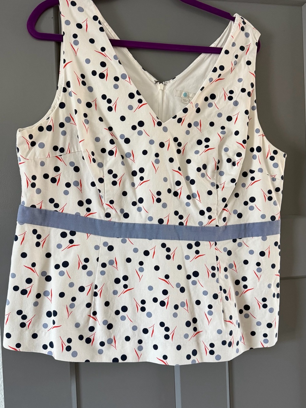 Boden White Polka Dot V-Neck Sleeveless Peplum Top with Blue Waistband